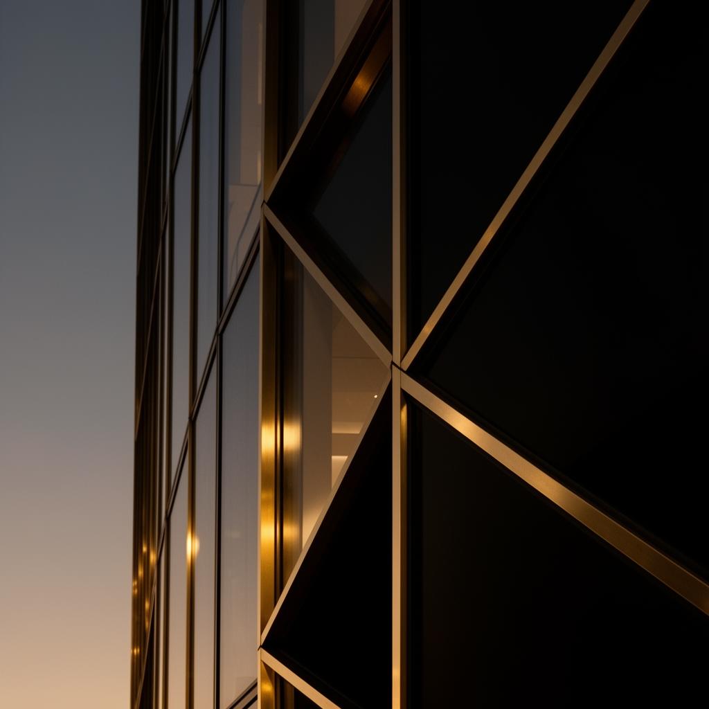 Architectural detail of a modern private office tower at dusk in brass and black