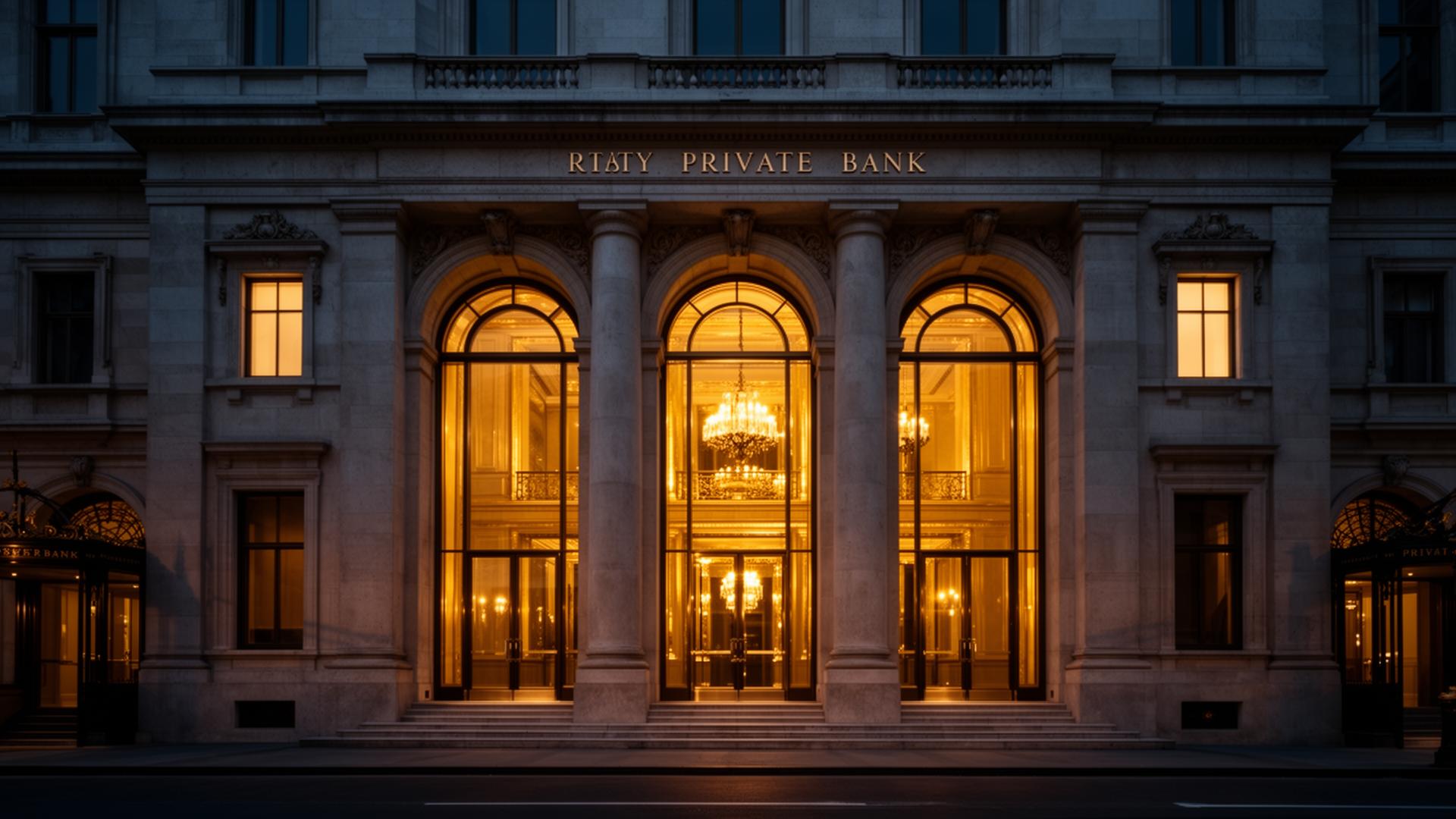 Classical private bank facade at dusk